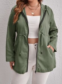 SHEIN LUNE Áo khoác cỡ lớn Dây kéo Túi màu trơn Giải trí - Màu xanh Bạc hà - Xem 1