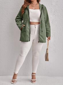 SHEIN LUNE Áo khoác cỡ lớn Dây kéo Túi màu trơn Giải trí - Màu xanh Bạc hà - Xem 6