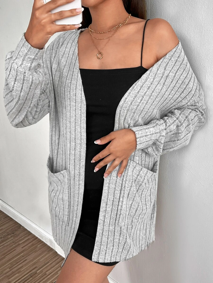 SHEIN EZwear Dual Pocket Drop Shoulder Open Front Coat - Grey - View 1