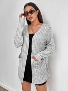 SHEIN EZwear Dual Pocket Drop Shoulder Open Front Coat - Grey - View 4