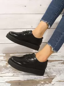 Lace-up Front Flat Oxfords - Black - View 1