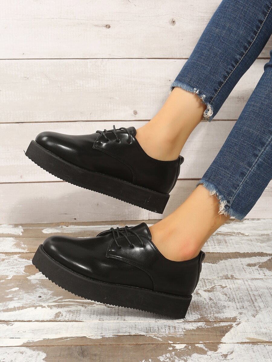 Lace-up Front Flat Oxfords - Black - View 1