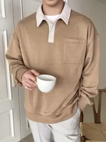 DAZY Men Pocket Front Drop Shoulder Polo Neck Sweatshirt - Khaki - View 1