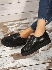 Lace-up Front Flat Oxfords - Black - View 2