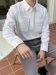 DAZY Áo sơ mi Nam Túi Nút phía trước màu trơn Giải trí - trắng - Xem 3