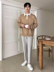 DAZY Men Pocket Front Drop Shoulder Polo Neck Sweatshirt - Khaki - View 5