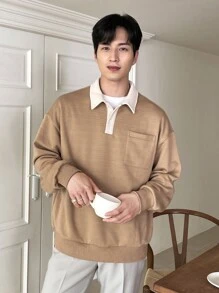 DAZY Men Pocket Front Drop Shoulder Polo Neck Sweatshirt - Khaki - View 6