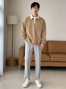 DAZY Men Pocket Front Drop Shoulder Polo Neck Sweatshirt - Khaki - View 7