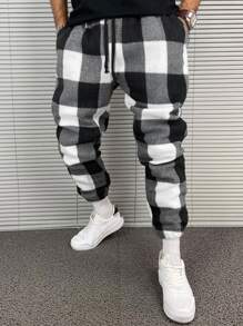 Manfinity EMRG Men Drawstring Waist Gingham Trousers - Black and White - View 1