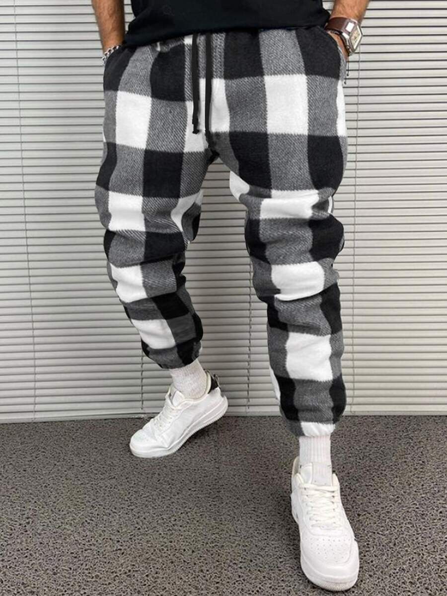 Manfinity EMRG Men Drawstring Waist Gingham Trousers - Black and White - View 1