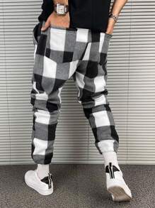 Manfinity EMRG Men Drawstring Waist Gingham Trousers - Black and White - View 2