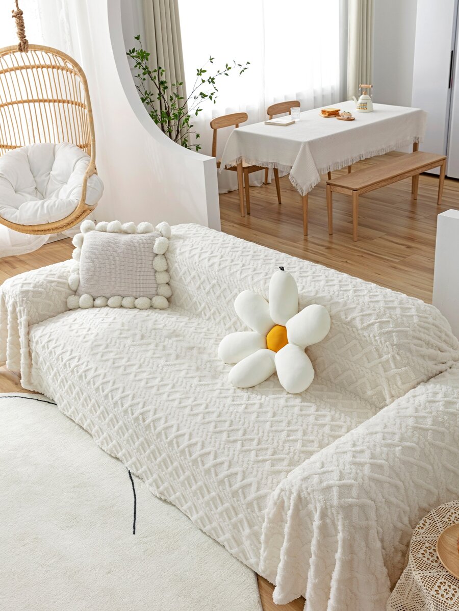 1pc Waffle Winter Plush Sofa Towel - White - View 1
