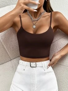 SHEIN PETITE Áo hai dây màu trơn Giải trí - Cà phê nâu - Xem 5