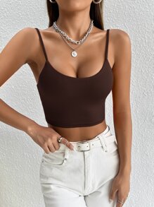 SHEIN PETITE Áo hai dây màu trơn Giải trí - Cà phê nâu - Xem 6