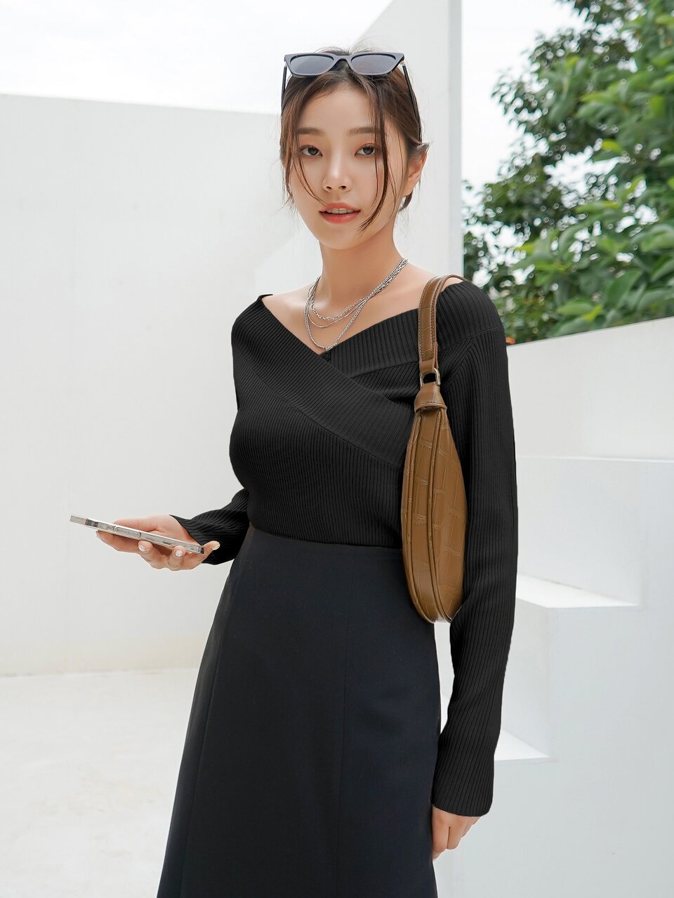 Crossover Front Ribbed Knit Sweater