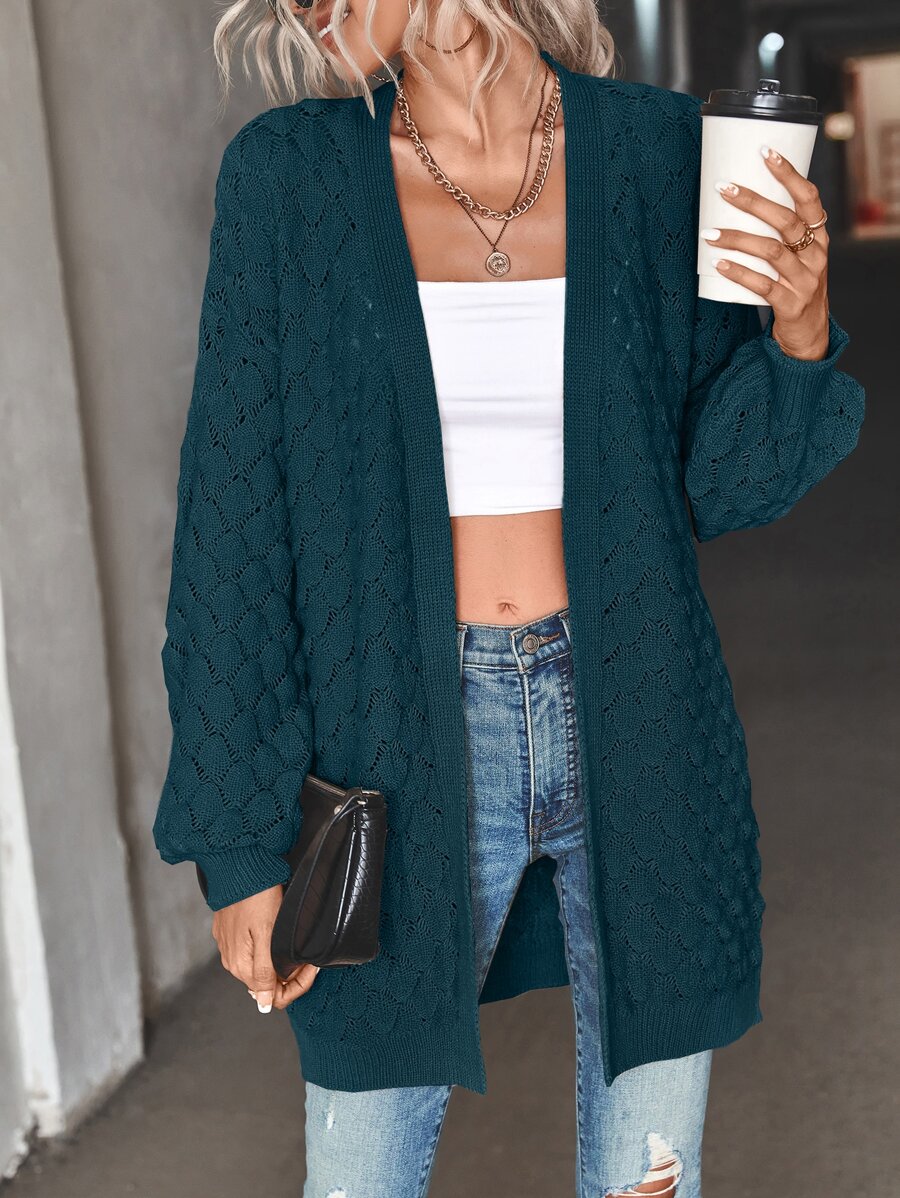 SHEIN LUNE Bishop Sleeve Pointelle Knit Duster Cardigan - Teal Blue - View 1