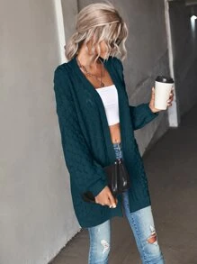 SHEIN LUNE Bishop Sleeve Pointelle Knit Duster Cardigan - Teal Blue - View 3