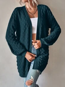 SHEIN LUNE Bishop Sleeve Pointelle Knit Duster Cardigan - Teal Blue - View 6