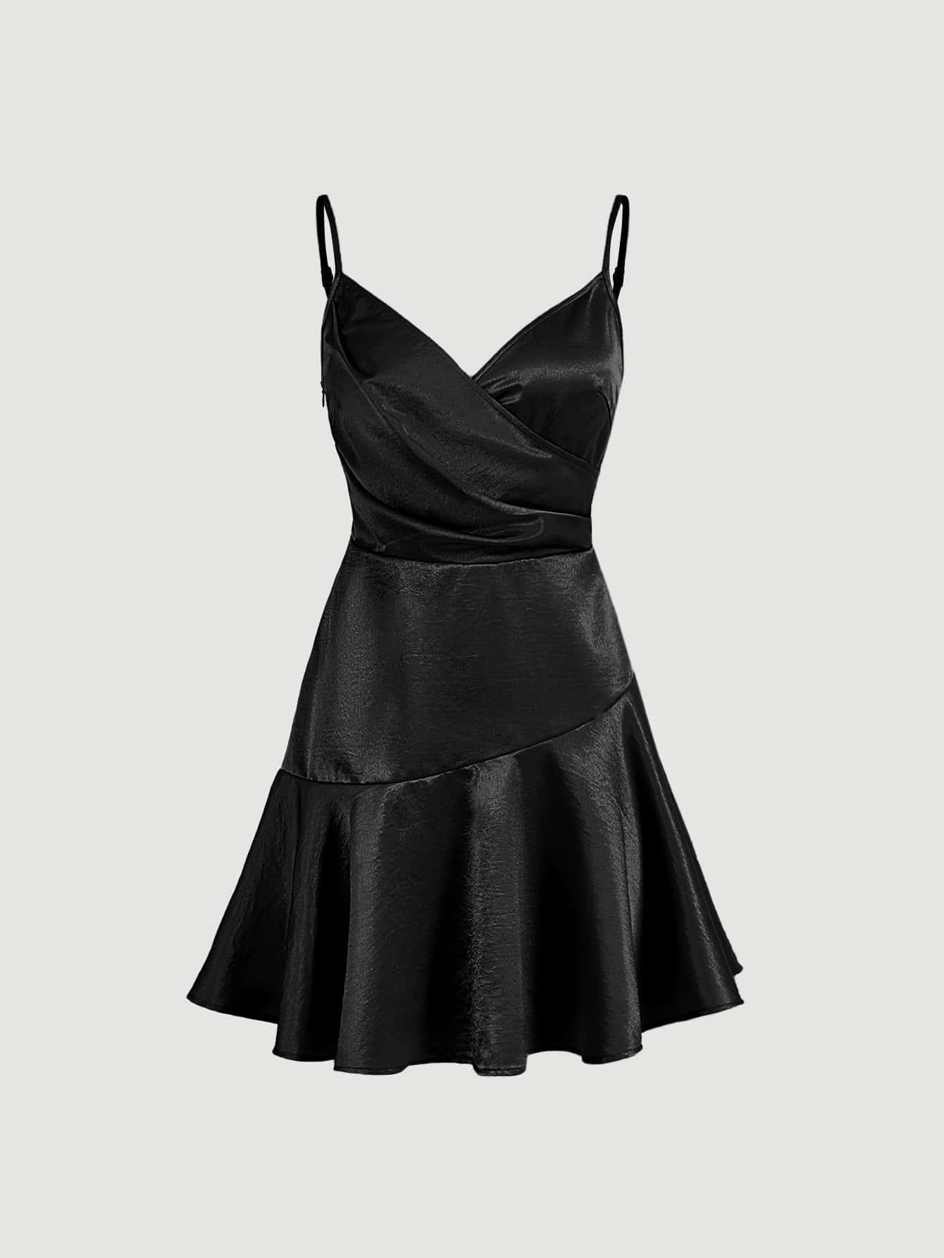 SHEIN MOD Vestido de tirantes de cuello cruzado fruncido bajo con fruncido de satén - Negro - Ver 1