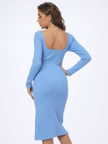 Đầm Dây kéo Gân đan Tách cao màu trơn Thanh lịch - Màu xanh lam - Xem 2