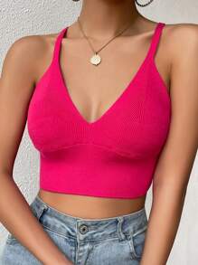 Chiquease 1pc Solid Crop Cami Knit Top - Hot Pink - View 4