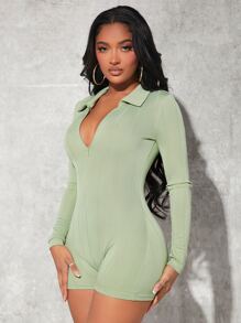 SHEIN SXY Half Zip Unitard Romper - Mint Green - View 3