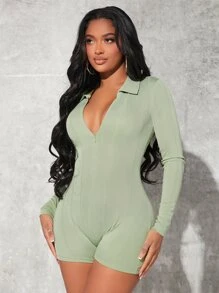 SHEIN SXY Half Zip Unitard Romper - Mint Green - View 5