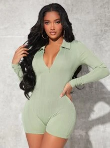 SHEIN SXY Half Zip Unitard Romper - Mint Green - View 6