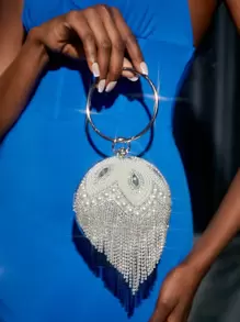 SHEIN SXY Long lanh lấp lánh, sáng bóng quyến rũ, thanh lịch, tinh tế Túi hình tròn trang trí bằng đá nhỏ & ngọc trai, túi đựng đồ ăn tối, túi buổi tối đính đá cho cô gái dự tiệc, phụ nữ, dành cho nữ Hoàn hảo cho bữa tiệc, đám cưới, vũ hội, bữa tối/tiệc, cho cocktail Món quà tốt nhất cho phụ nữ - trắng - Xem 1