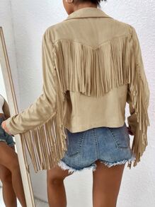 SHEIN Essnce 流蘇邊開門襟夾克 - 杏色 - 查看 2