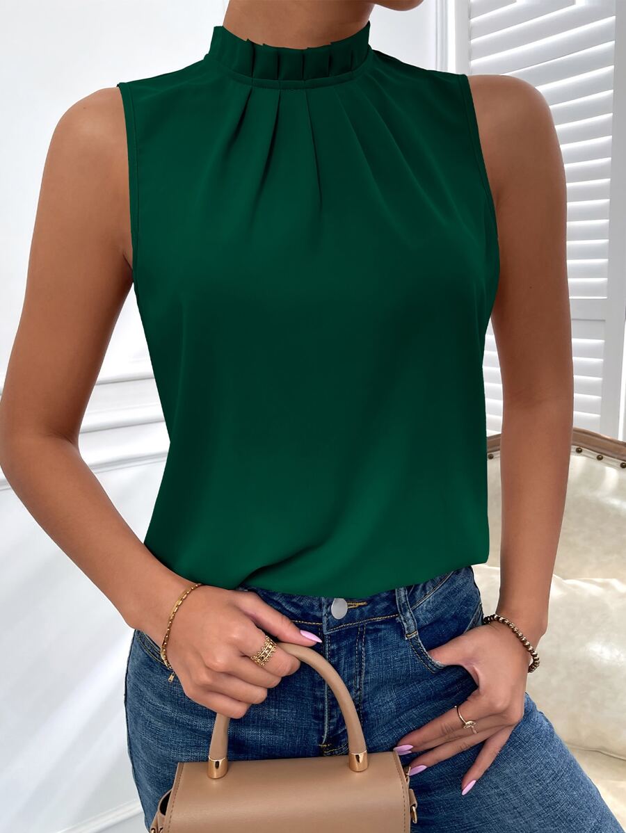 SHEIN Privé Frilled Neck Keyhole Back Blouse - Green - View 1