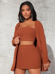 SHEIN SXY 落肩袖開門襟外套和抹胸上衣和半身裙 - 鏽棕色 - 查看 1