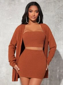SHEIN SXY 落肩袖開門襟外套和抹胸上衣和半身裙 - 鏽棕色 - 查看 3