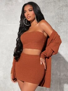 SHEIN SXY 落肩袖開門襟外套和抹胸上衣和半身裙 - 鏽棕色 - 查看 5