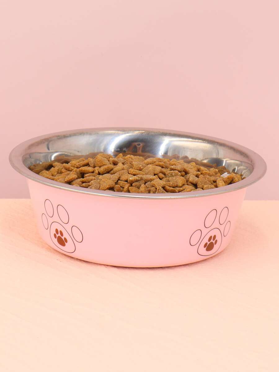Supet 1pc Paw Print Stainless Steel Pet Bowl For Cat And Dog For Pet Feeding - Pink - View 1