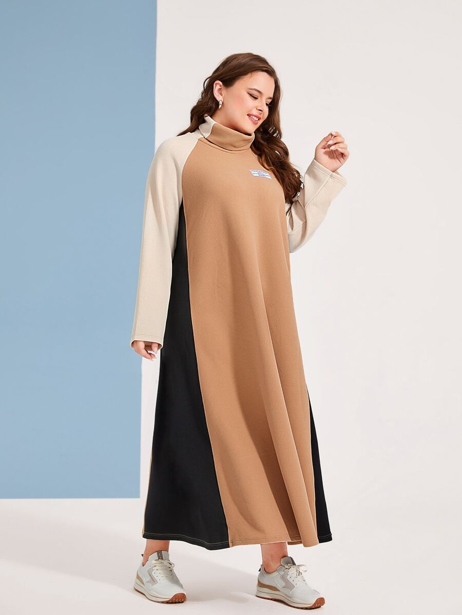 Mulvari Plus Patched Detail Colourblock Raglan Sleeve Dress - Khaki - View 1
