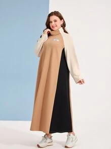 Mulvari Plus Patched Detail Colourblock Raglan Sleeve Dress - Khaki - View 4