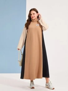 Mulvari Plus Patched Detail Colourblock Raglan Sleeve Dress - Khaki - View 5