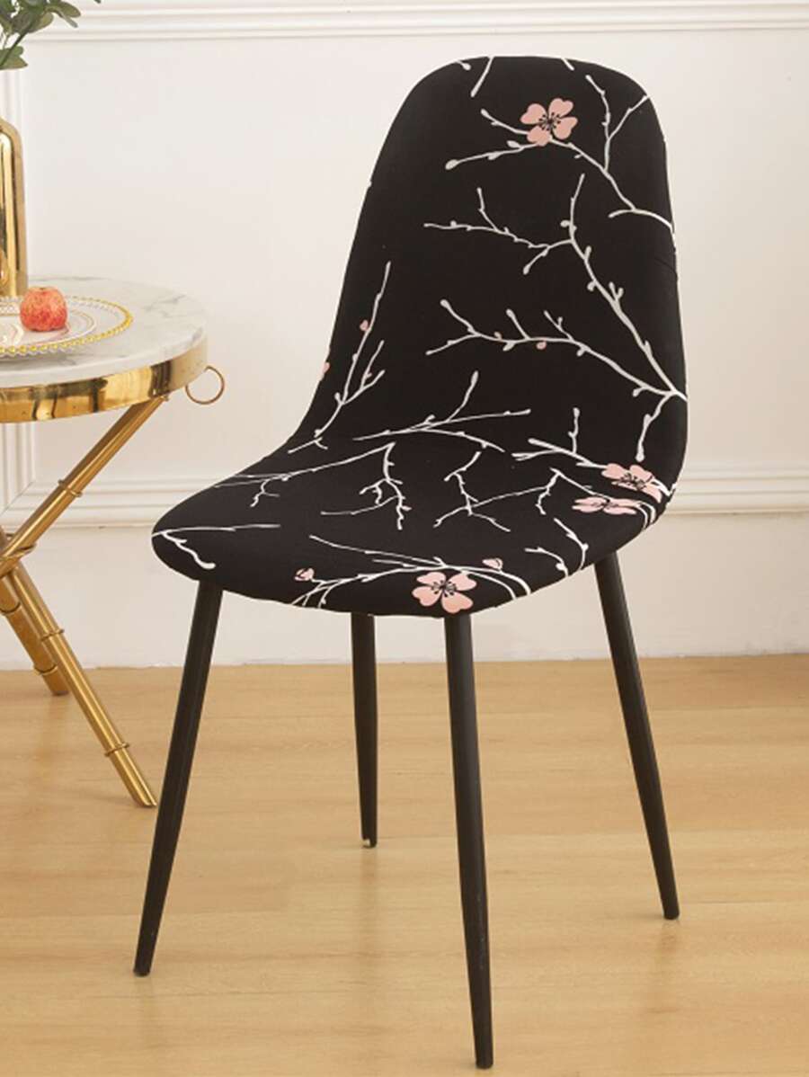 1pc Floral Print Stretchy Chair Slipcover - Black - View 1