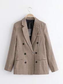 Double Breasted Plaid Blazer Fall Cloth For Women - Khaki - View 1