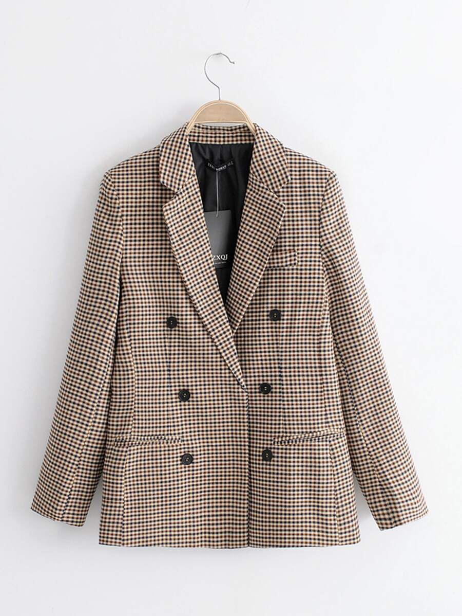 Double Breasted Plaid Blazer Fall Cloth For Women - Khaki - View 1