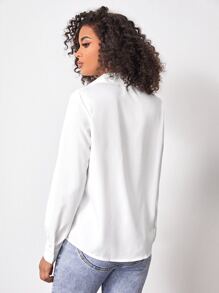 Nailea X SHEIN Patch Pocket Button Front Solid Shirt,Ladies Elegant Button,Pocket Long Sleeve Collar Regular Fit Regular White Regular Sleeve Shirt Women Blouses,Spring/Fall ,Professional/Business Attire/Workwear,Long Sleeve Tops - White - View 2