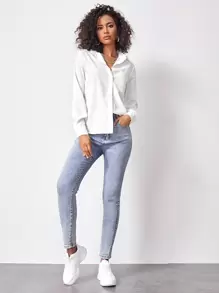 Nailea X SHEIN Patch Pocket Button Front Solid Shirt,Ladies Elegant Button,Pocket Long Sleeve Collar Regular Fit Regular White Regular Sleeve Shirt Women Blouses,Spring/Fall ,Professional/Business Attire/Workwear,Long Sleeve Tops - White - View 3