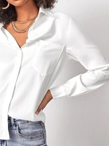 Nailea X SHEIN Patch Pocket Button Front Solid Shirt,Ladies Elegant Button,Pocket Long Sleeve Collar Regular Fit Regular White Regular Sleeve Shirt Women Blouses,Spring/Fall ,Professional/Business Attire/Workwear,Long Sleeve Tops - White - View 4