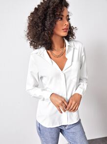 Nailea X SHEIN Patch Pocket Button Front Solid Shirt,Ladies Elegant Button,Pocket Long Sleeve Collar Regular Fit Regular White Regular Sleeve Shirt Women Blouses,Spring/Fall ,Professional/Business Attire/Workwear,Long Sleeve Tops - White - View 5