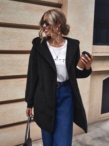 SHEIN LUNE Solid Dual Pocket Hooded Teddy Coat - Black - View 1