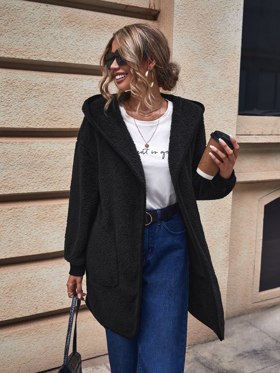 SHEIN LUNE Solid Dual Pocket Hooded Teddy Coat - Black - View 1