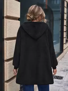 SHEIN LUNE Solid Dual Pocket Hooded Teddy Coat - Black - View 2