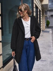 SHEIN LUNE Solid Dual Pocket Hooded Teddy Coat - Black - View 5