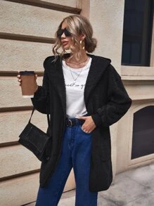 SHEIN LUNE Solid Dual Pocket Hooded Teddy Coat - Black - View 6